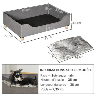 Modernes Hundekorb-Sofabett mit weichem, waschbarem Kissen, Holzbeinen – Grau