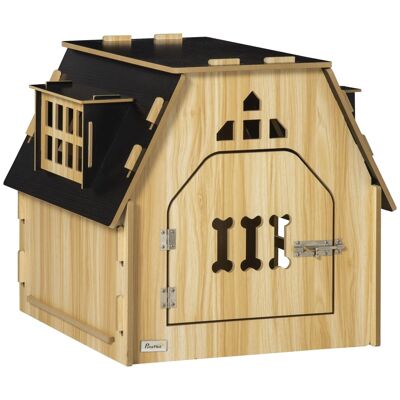 Caseta de diseño caseta para perros de dimensiones 54L x 56W x 52H cm - puerta con cerradura con diseño de huesos, ventanas, techo - MDF con apariencia de madera clara negra