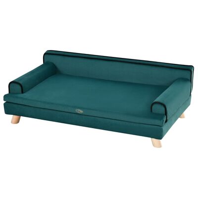 Sofa-Hundebett für Hund und Katze mit Armlehnen, Rückenlehne, Kissen, abnehmbaren Füßen, Holz-Ente, blauer Samt