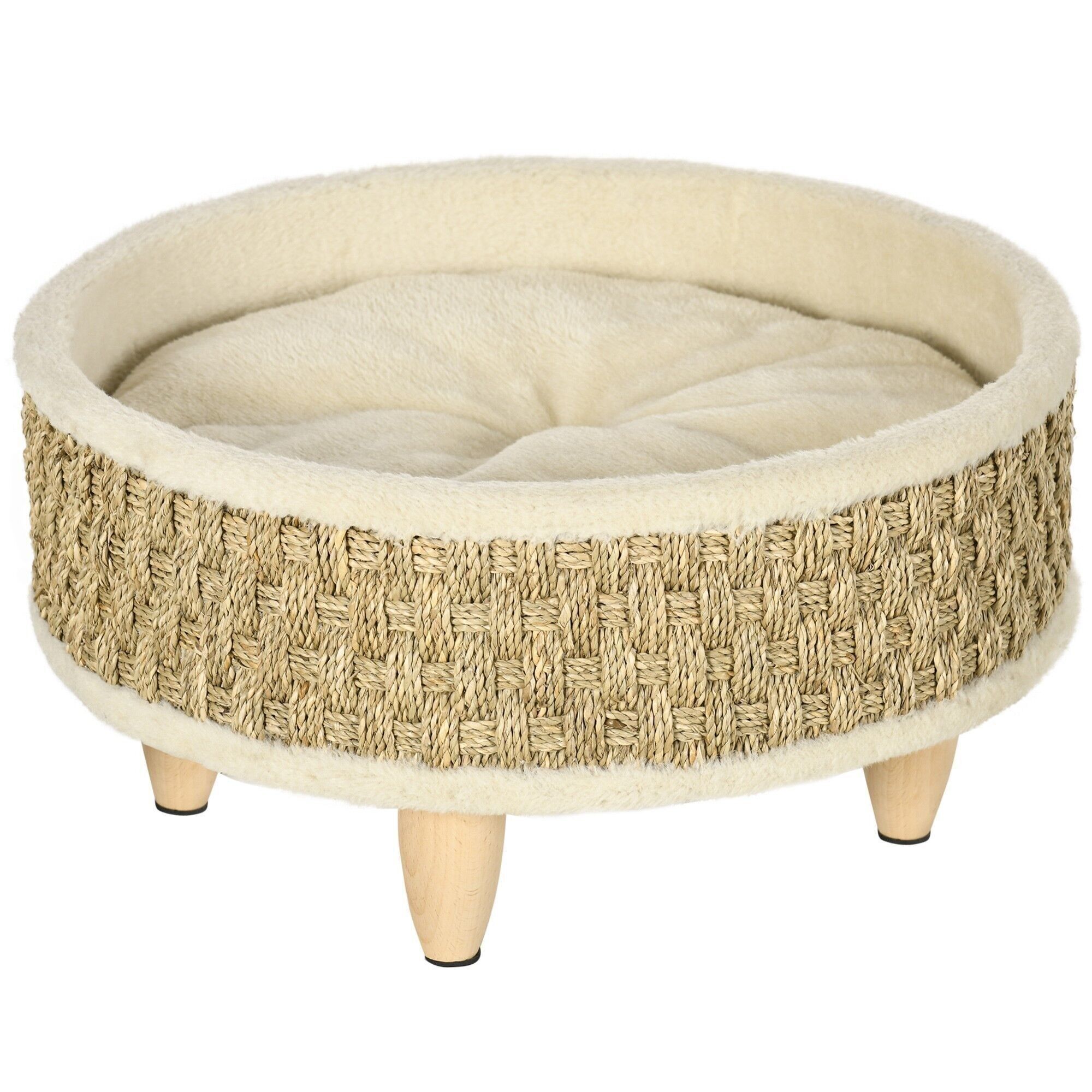 Divano letto cestino cane gatto accogliente stile naturale - cuscino incluso - dim.Ø 48 x 24,5H cm - legno di pino seagrass