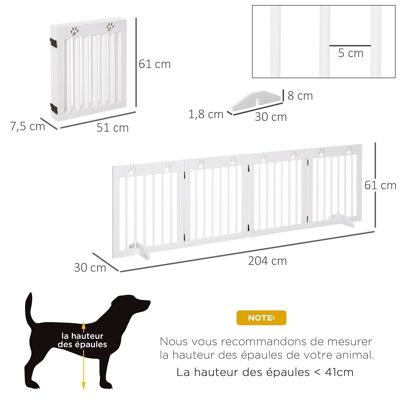 Barrière de sécurité pour animaux - barrière modulable pliable 4 panneaux - motif patte - 2 pieds support - bois de pin blanc