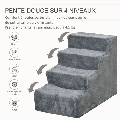 Escalier pour chat - escalier pour chien - 4 marches - revêtement flanelle grande douceur haute densité - structure panneaux particules - gris