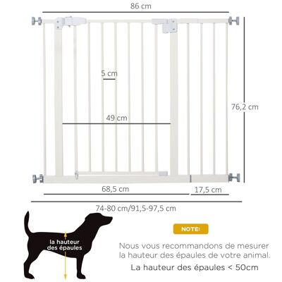 Barrera de seguridad para animales - longitud ajustable medidas 74-97,5 cm - puerta con doble bloqueo, apertura bidireccional - sin taladrar - acero plástico blanco