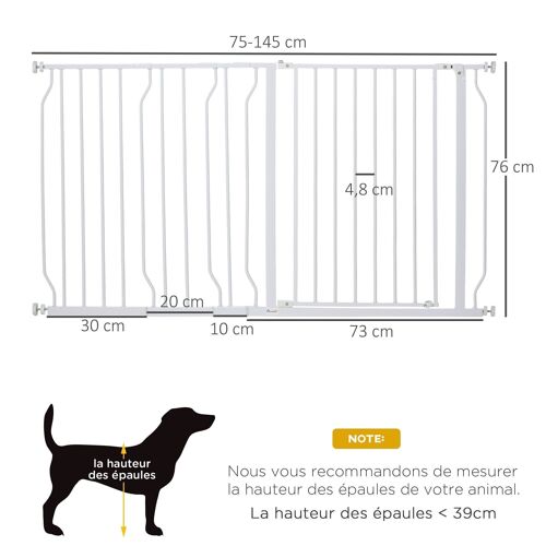 Barrière de sécurité animaux - longueur réglable - porte double verrouillage, ouverture double sens -sans perçage - acier ABS blanc