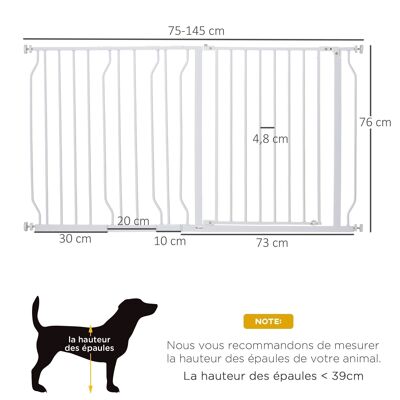 Barrière de sécurité animaux - longueur réglable - porte double verrouillage, ouverture double sens -sans perçage - acier ABS blanc