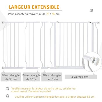 Barrière de sécurité animaux - longueur réglable - porte double verrouillage, ouverture double sens -sans perçage - acier ABS blanc 2