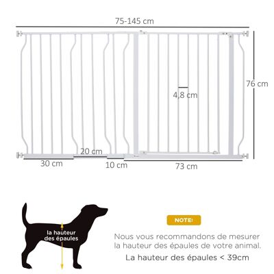 Animal safety gate - adjustable length dim. 75-145 cm - double locking door, two-way opening - no drilling - white ABS steel