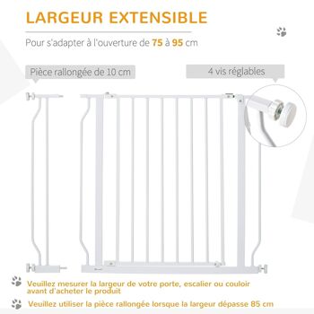 Barrière de sécurité animaux - longueur réglable dim. 75-95 cm - porte double verrouillage, ouverture double sens -sans perçage - acier ABS blanc 2
