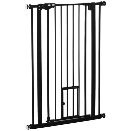 Barrière de sécurité animaux - longueur réglable dim. 74-80 cm - porte double verrouillage, ouverture double sens, petite porte -sans perçage - acier plastique noir