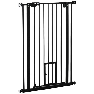 Barrera de seguridad para animales - longitud ajustable medidas 74-80 cm - puerta con doble cierre, apertura bidireccional, puerta pequeña - sin taladrar - acero plástico negro