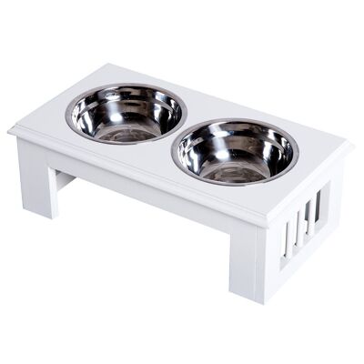 Double dog cat bowl Raised bowl holder dim. 44L x 24W x 15H cm 2 stainless steel bowls. included white MDF