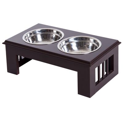 Double dog cat bowl Raised bowl holder dim. 44L x 24W x 15H cm 2 stainless steel bowls. included brown MDF