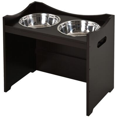 Double dog cat bowl Raised bowl holder dim. 54L x 31W x 47H cm 2 stainless steel bowls. included MDF dark brown