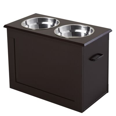 Double dog and cat bowl Raised bowl holder dim. 60L x 30W x 41H cm 2 bowls with chocolate MDF safe handles