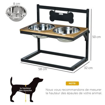 Gamelle double chien porte-gamelles surélevé hauteur réglable dim. 58L x 32l x 50H cm 2 gamelles acier inox. incluses plateau aspect bois clair 3