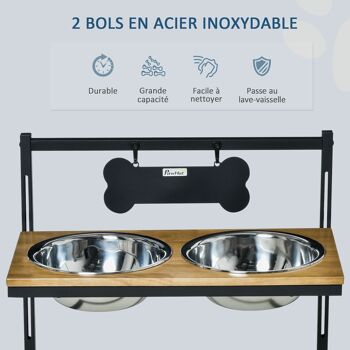 Gamelle double chien porte-gamelles surélevé hauteur réglable dim. 58L x 32l x 50H cm 2 gamelles acier inox. incluses plateau aspect bois clair 4