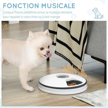 Distributeur de nourriture chat chien - distributeur automatique programmable - 6 compartiments - écran LED - fonction musicale intégrée - ABS gris blanc 2