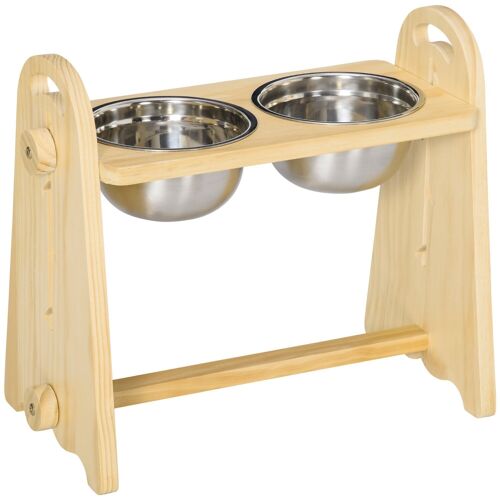 Gamelle double chien chat - porte-gamelles surélevé - hauteur, inclinaison réglables - 2 gamelles acier inox. incluses bois pin