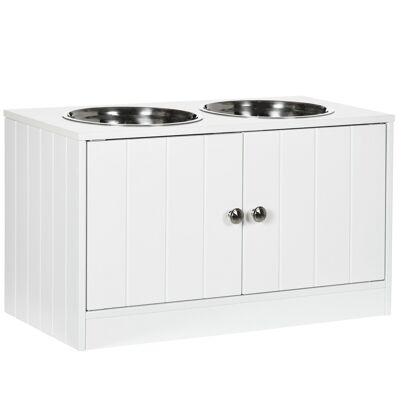 Double dog cat bowl - raised bowl holder cabinet 2 in 1 - 2 doors, 2 bowls - white MDF stainless steel.