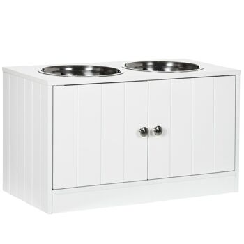 Gamelle double chien chat - porte-gamelles surélevé armoire 2 en 1 - 2 portes, 2 gamelles - MDF blanc acier inox. 1