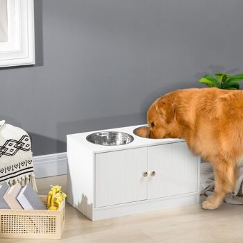 Gamelle double chien chat - porte-gamelles surélevé armoire 2 en 1 - 2 portes, 2 gamelles - MDF blanc acier inox. 2