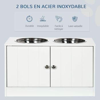 Gamelle double chien chat - porte-gamelles surélevé armoire 2 en 1 - 2 portes, 2 gamelles - MDF blanc acier inox. 4