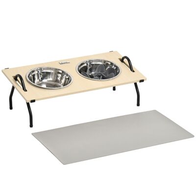 Double dog bowl raised bowl holder 2 stainless steel anti-glutton bowls and mat included black steel light wood look tray