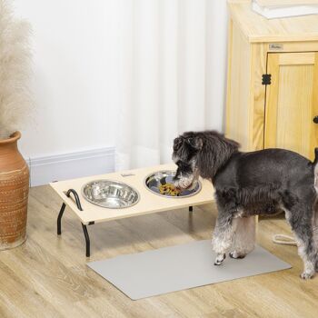 Gamelle double chien porte-gamelles surélevé 2 gamelles anti-glouton acier inox et tapis inclus acier noir plateau aspect bois clair 2