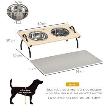 Gamelle double chien porte-gamelles surélevé 2 gamelles anti-glouton acier inox et tapis inclus acier noir plateau aspect bois clair 3