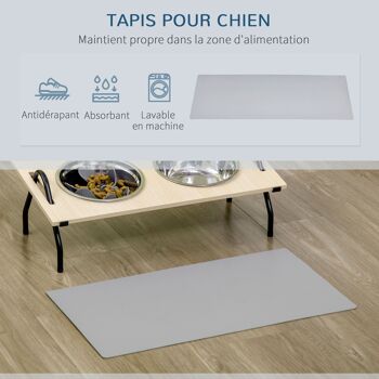 Gamelle double chien porte-gamelles surélevé 2 gamelles anti-glouton acier inox et tapis inclus acier noir plateau aspect bois clair 5