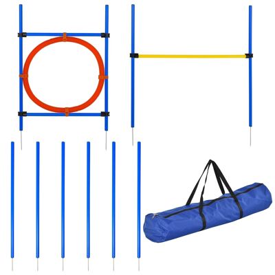 Agility sport for dogs complete equipment: 6 slalom poles, obstacle, ring + carrying bag blue yellow red