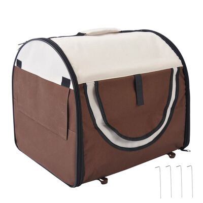 Foldable dog and cat carrier bag - handle, zipped entry, roll-up mesh windows - cushion included - beige brown oxford steel