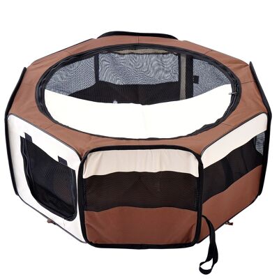 Foldable dog cat playpen Ø 90 x 41H cm - 2 doors, 2 pockets, carrying bag - beige brown Oxford steel