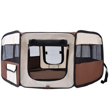 Parc enclos pliable chien chat Ø 90 x 41H cm - 2 portes, 2 poches, sac transport - acier Oxford marron beige 4