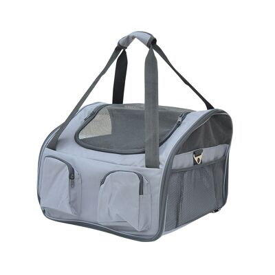 Foldable dog and cat carrier bag - handles, zipped entry, pockets - removable cushion included - gray nylon oxford