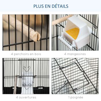 Cage à oiseaux volière avec mangeoires perchoirs plateau amovible dim. 46,5L x 35,5l x 92H cm métal PS noir 4