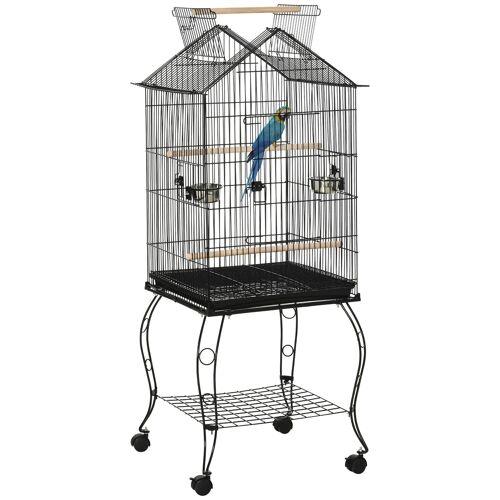 Cage à oiseaux sur pied volière avec 2 mangeoires perchoirs plateau amovible poignée et roulettes - 50 x 58 x 137-145 cm noir