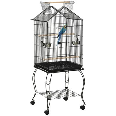 Bird cage on stand aviary with 2 feeders perches removable tray handle and wheels - 50 x 58 x 137-145 cm black