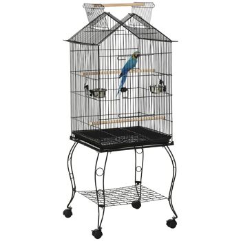 Cage à oiseaux sur pied volière avec 2 mangeoires perchoirs plateau amovible poignée et roulettes - 50 x 58 x 137-145 cm noir 1
