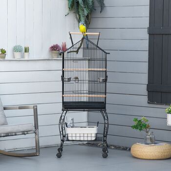 Cage à oiseaux sur pied volière avec 2 mangeoires perchoirs plateau amovible poignée et roulettes - 50 x 58 x 137-145 cm noir 2