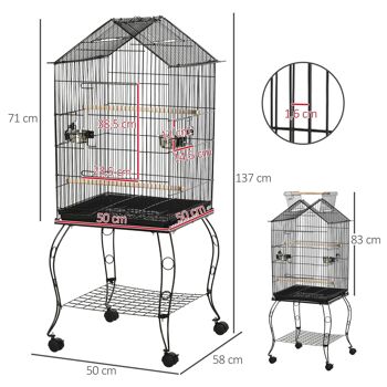 Cage à oiseaux sur pied volière avec 2 mangeoires perchoirs plateau amovible poignée et roulettes - 50 x 58 x 137-145 cm noir 3