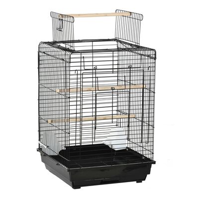 Birdcage 2 feeders 2 perches sunroof removable excrement tray black PS metal carrying handle
