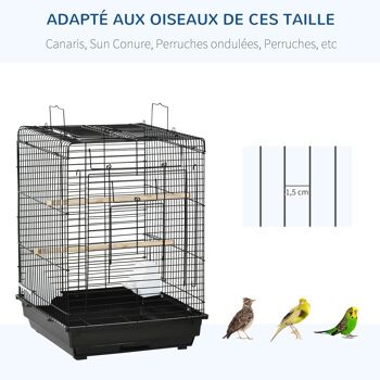 Cage à oiseaux 2 mangeoires 2 perchoirs toit ouvrant plateau excrément amovible poignée transport métal PS noir 5