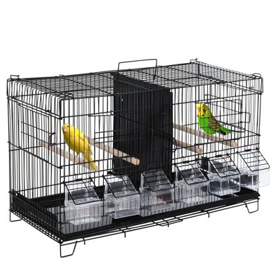 PawHut Jaula para pájaros Dim. 59.5L x 29.8W x 35.3H cm comederos perchas 4 puertas bandeja de excrementos extraíble + asa de transporte de metal PP negro