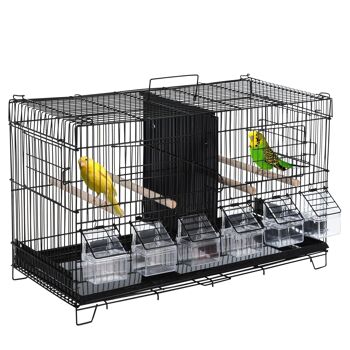 PawHut Cage à oiseaux dim. 59,5L x 29,8I x 35,3H cm mangeoires perchoirs 4 portes plateau excrément amovible + poignée transport métal PP noir 1