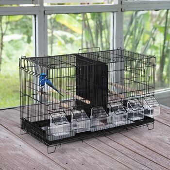 PawHut Cage à oiseaux dim. 59,5L x 29,8I x 35,3H cm mangeoires perchoirs 4 portes plateau excrément amovible + poignée transport métal PP noir 2
