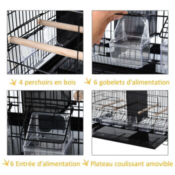 PawHut Cage à oiseaux dim. 59,5L x 29,8I x 35,3H cm mangeoires perchoirs 4 portes plateau excrément amovible + poignée transport métal PP noir 4