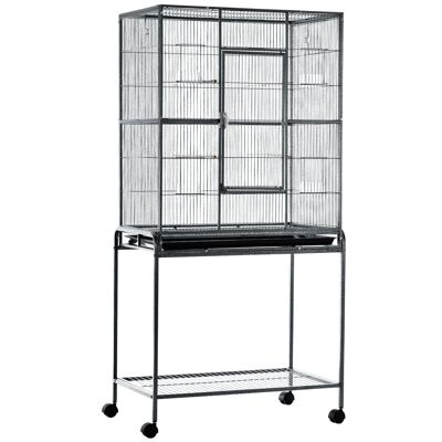 PawHut Portable Bird Cage with 4 Feeders and 4 Convenient Perches 81 x 48 x 163 cm Black and Gray