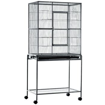 PawHut Cage à Oiseaux Portable avec 4 Mangeoires et 4 Perchoirs Pratique 81 x 48 x 163 cm Noir et Gris 1