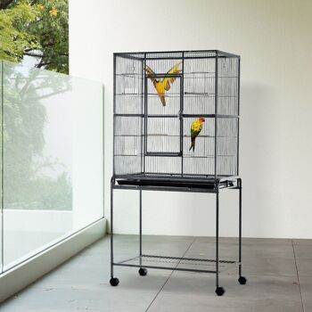 PawHut Cage à Oiseaux Portable avec 4 Mangeoires et 4 Perchoirs Pratique 81 x 48 x 163 cm Noir et Gris 2